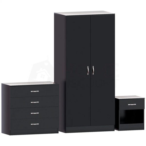 Alina bedroom set in black color including wardrobe, chest of drawers, and bedside table.