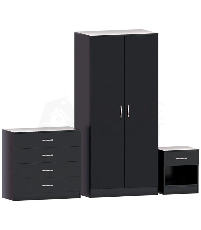 Alina bedroom set in black color including wardrobe, chest of drawers, and bedside table.