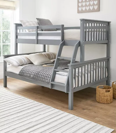 Grey triple bunk bed with sturdy metal frame and sleek style