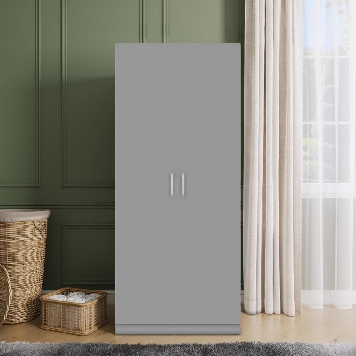 Sleek grey 2-door assembled wardrobe with a minimalist design