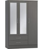Grey wardrobe with 3 doors and 2 drawers, fully assembled