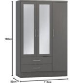 Fully assembled grey 3-door wardrobe with 2 drawers