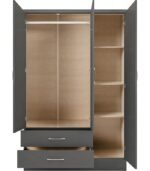 Grey 3-door wardrobe with 2 drawers, fully assembled