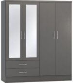 Fully assembled grey 4-door wardrobe with 2 drawers